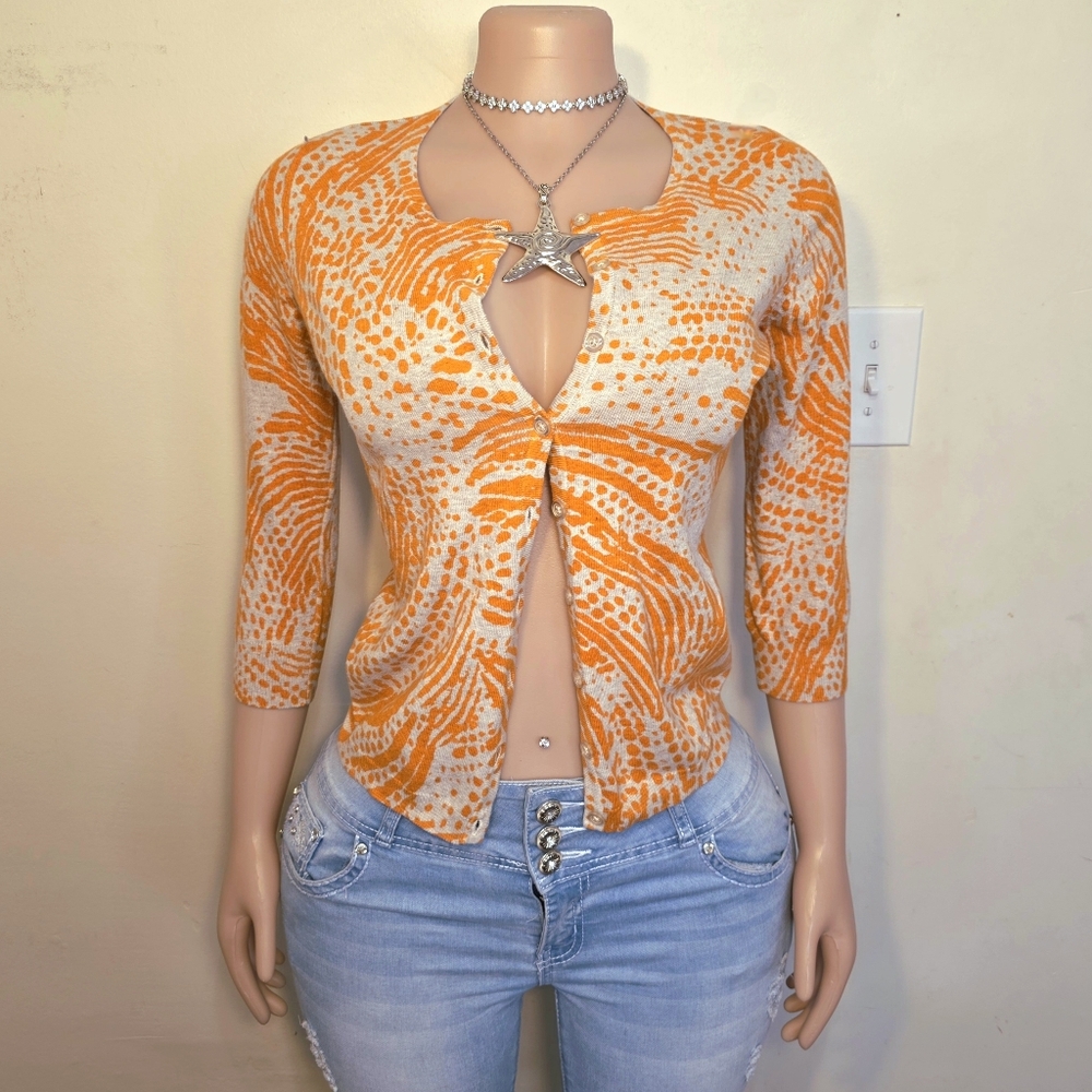The Limited Orange and Cream Patterned Knit Cardigan